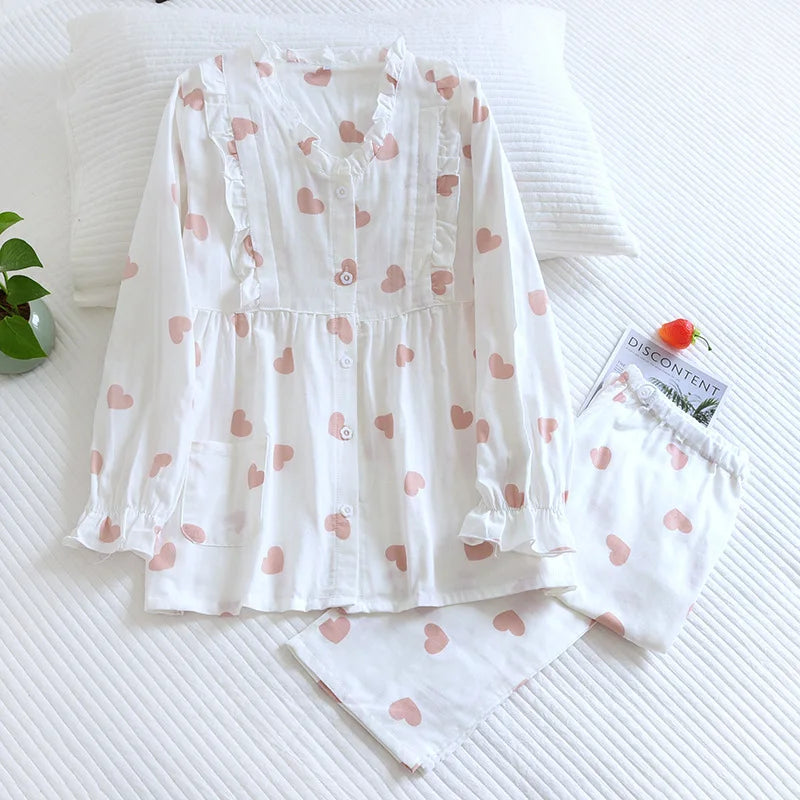 Women's Cotton Pajamas Set with Heart Print Shirt and Pants