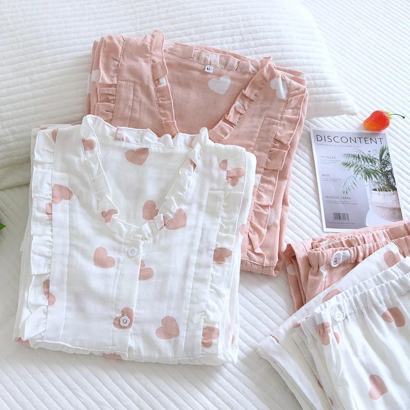 Women's Cotton Pajamas Set with Heart Print Shirt and Pants