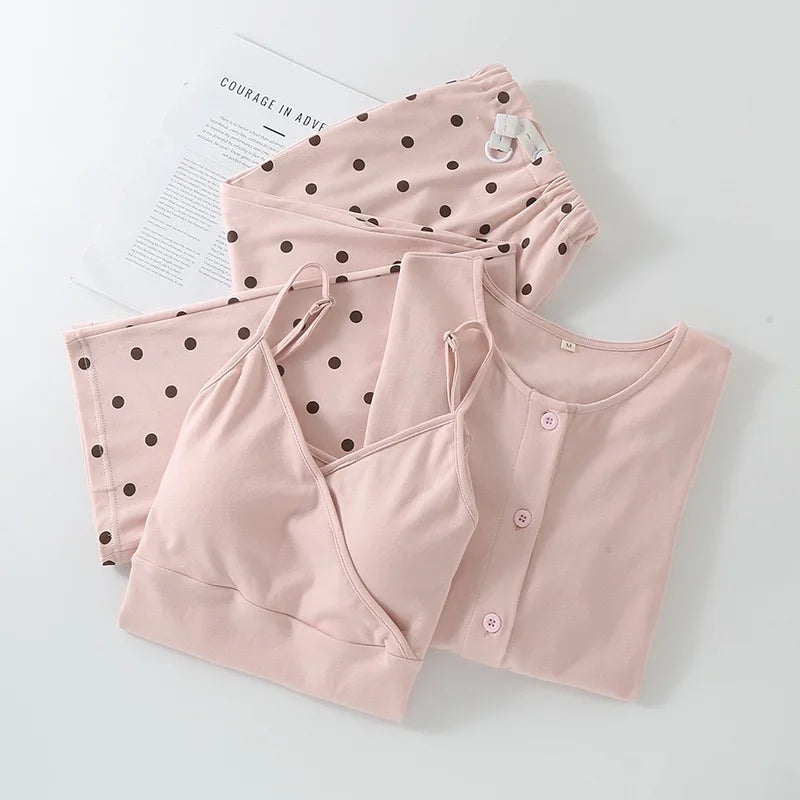 Women’s 3-Piece Cotton Pajama Set with Polka Dot Pants Pajamas