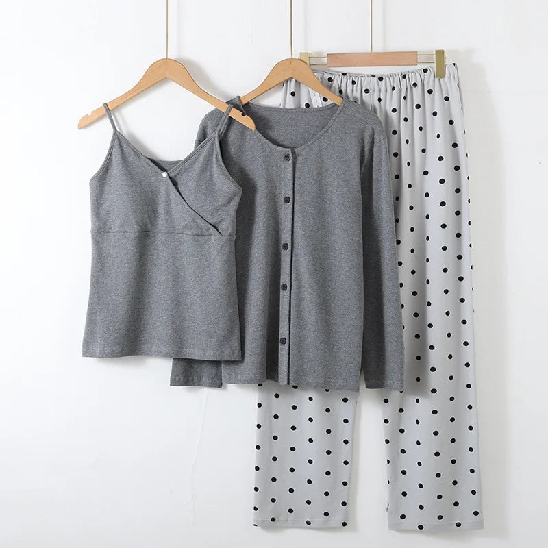 Women’s 3-Piece Cotton Pajama Set with Polka Dot Pants Pajamas