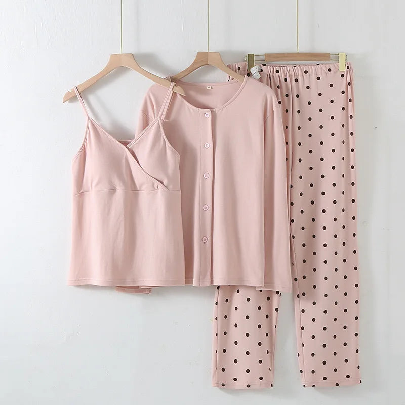 Women’s 3-Piece Cotton Pajama Set with Polka Dot Pants Pajamas