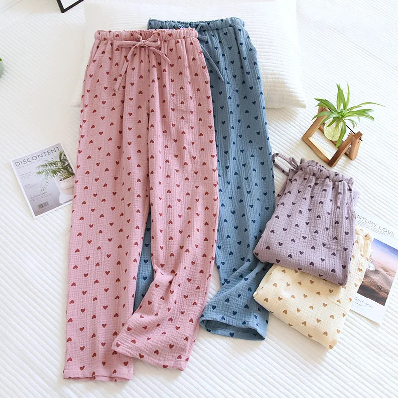 Cotton Hypoallergenic Pajama Pants with Heart Prints for Women