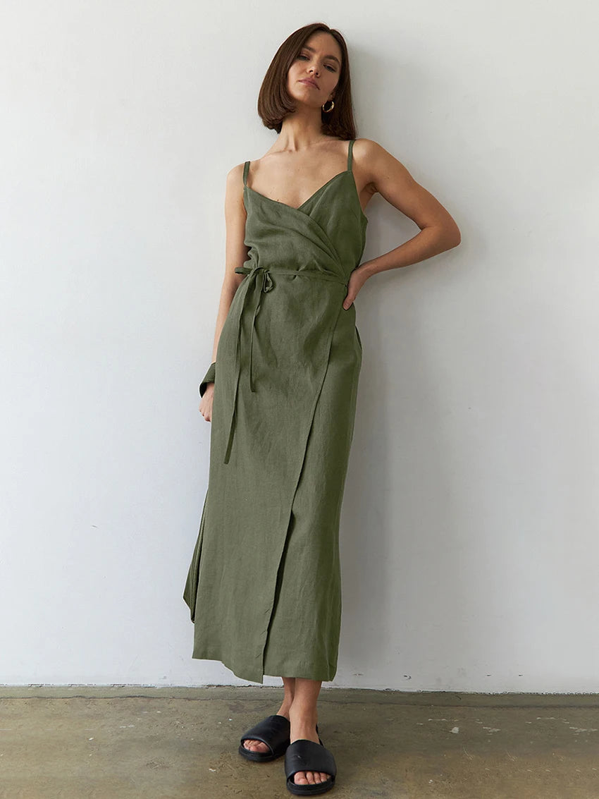 Summer's Casual Cotton Wrap Midi Dress for Women Casual Dresses