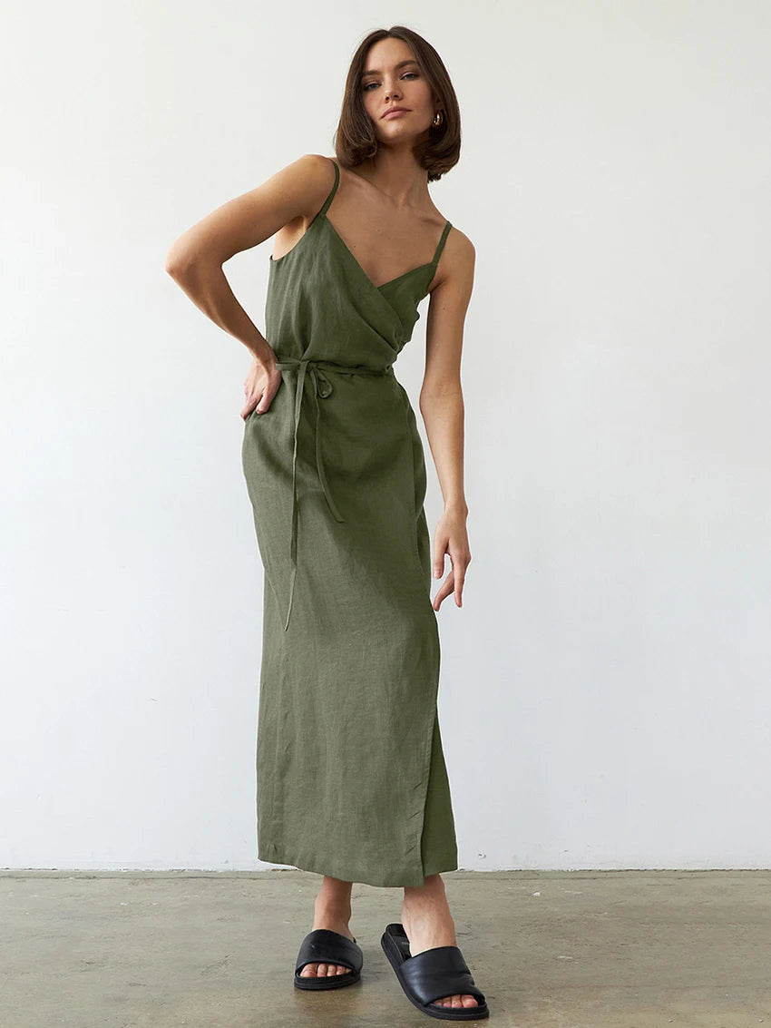 Summer's Casual Cotton Wrap Midi Dress for Women Casual Dresses