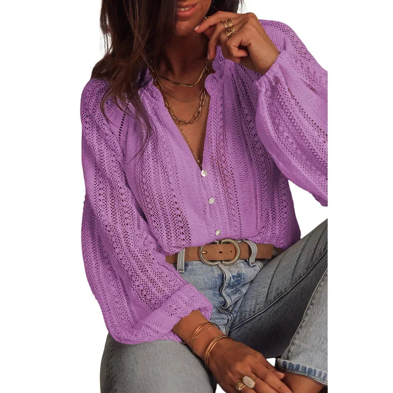 Cotton Lantern Sleeve Shirt Boho Hollow Blouse for Women Shirt