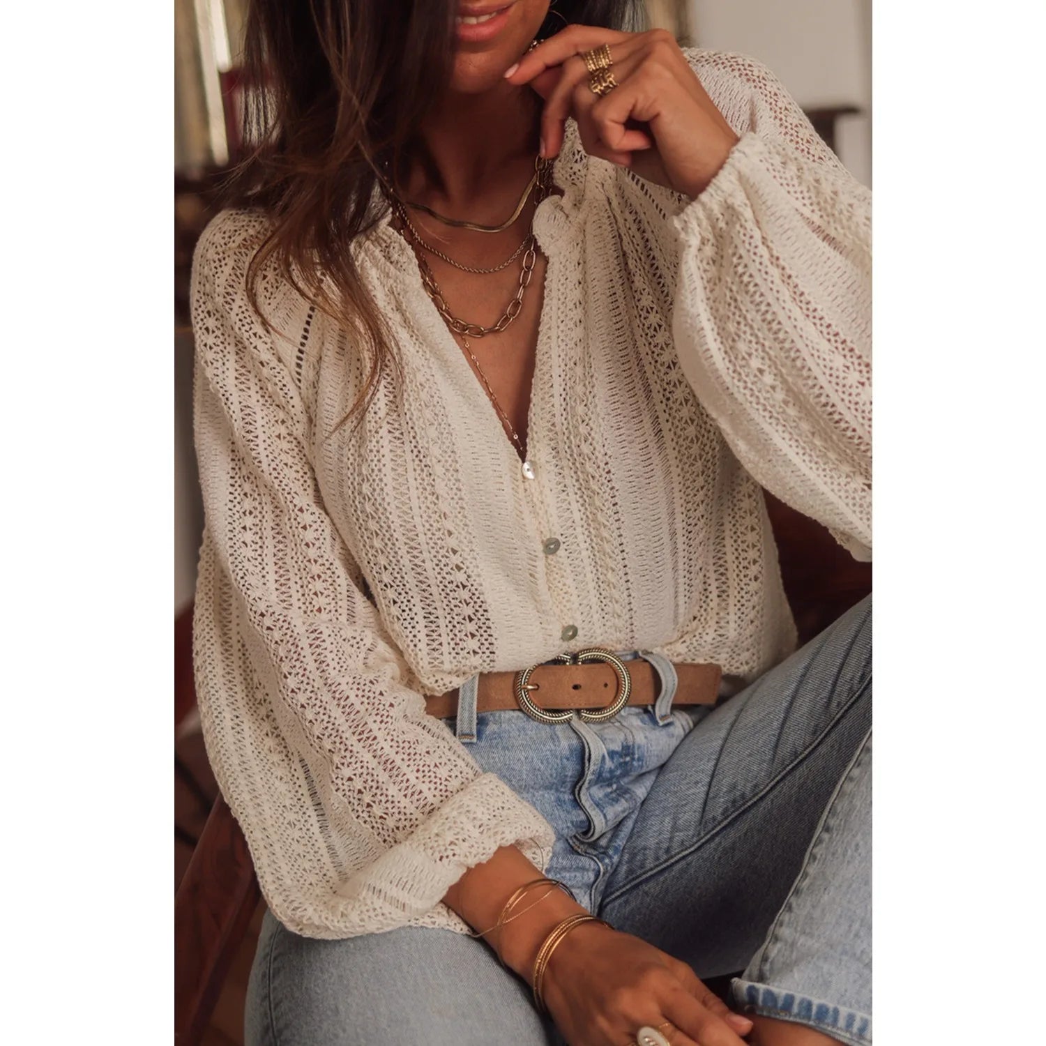 Cotton Lantern Sleeve Shirt Boho Hollow Blouse for Women Shirt