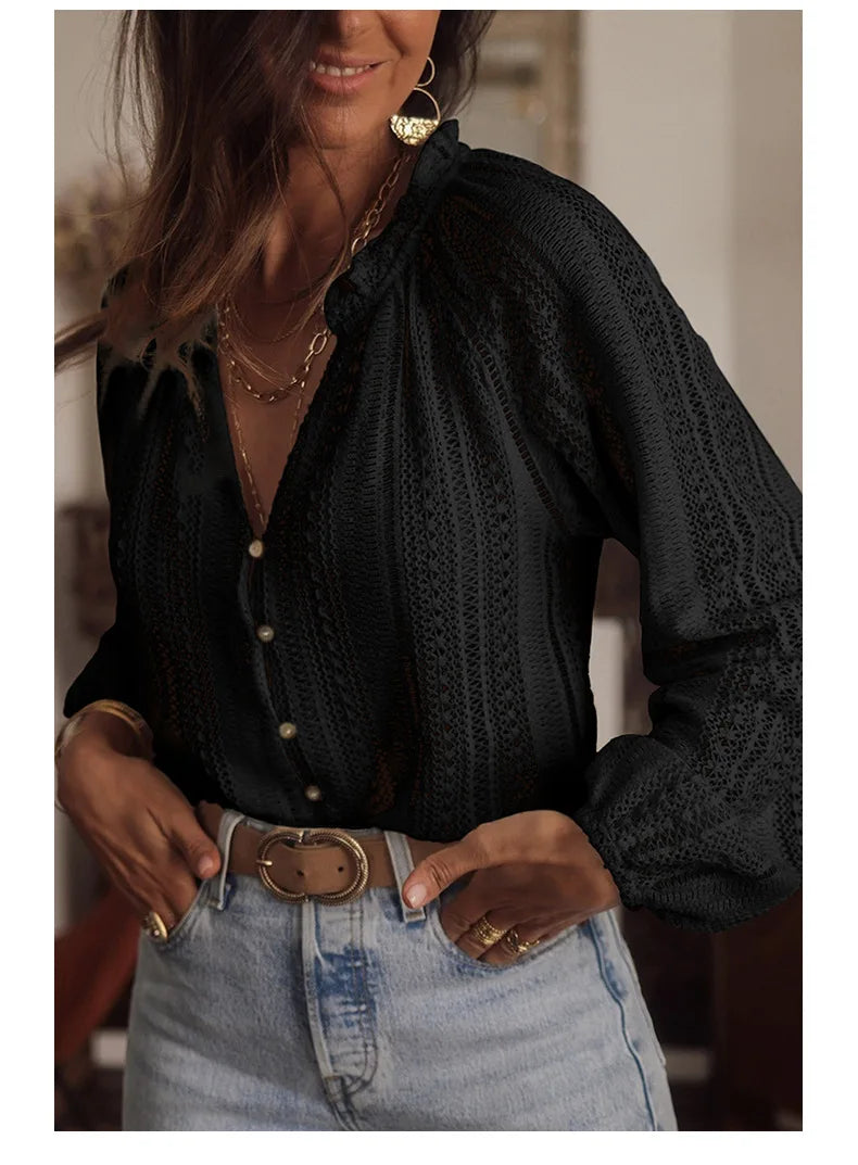 Cotton Lantern Sleeve Shirt Boho Hollow Blouse for Women Shirt