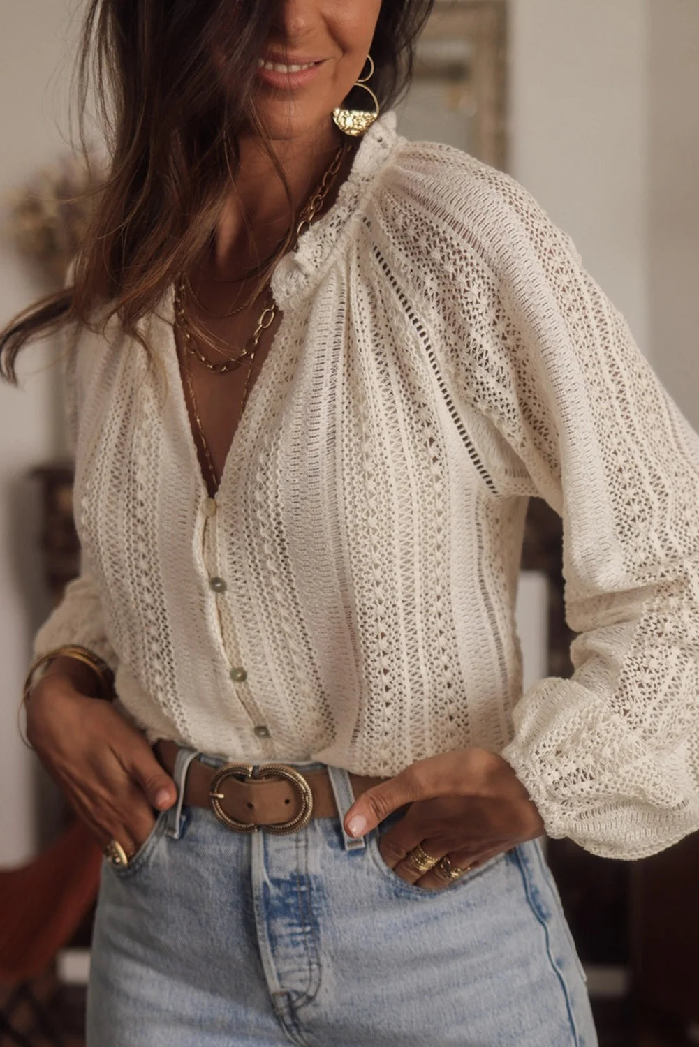 Cotton Lantern Sleeve Shirt Boho Hollow Blouse for Women Shirt