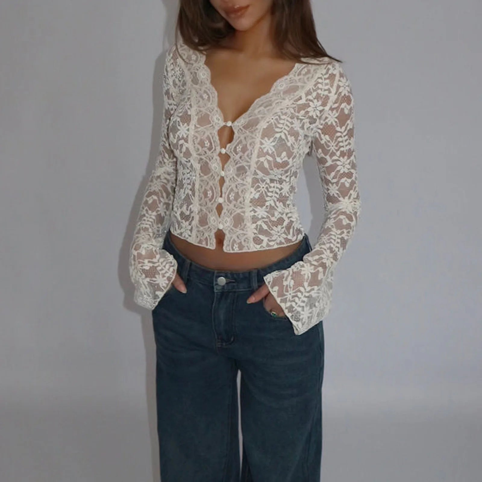 Romantic Spring See-Through Lace Blouse with Flared Sleeves