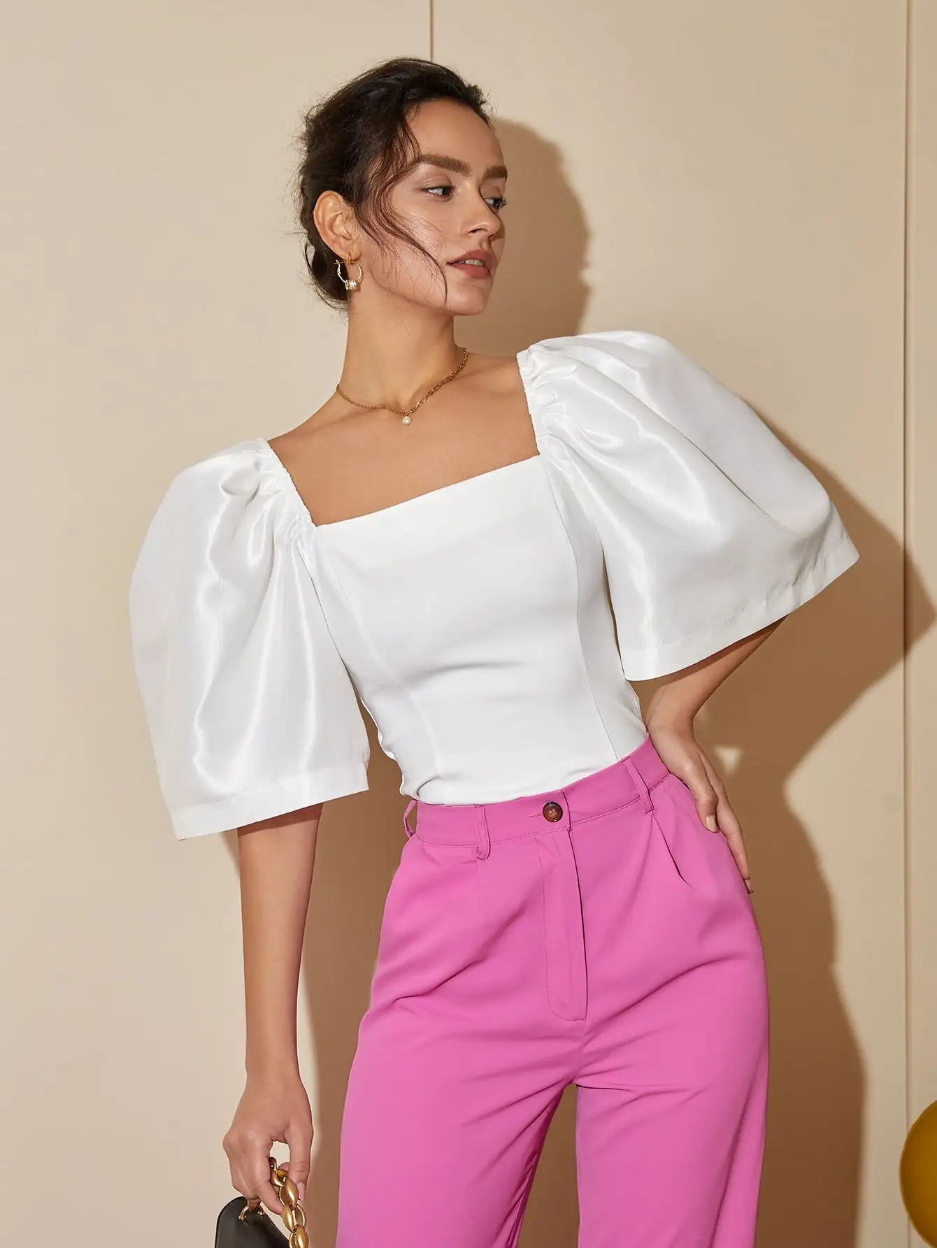 French Style Satin Blouse with Dramatic Sleeves Satin Blouses