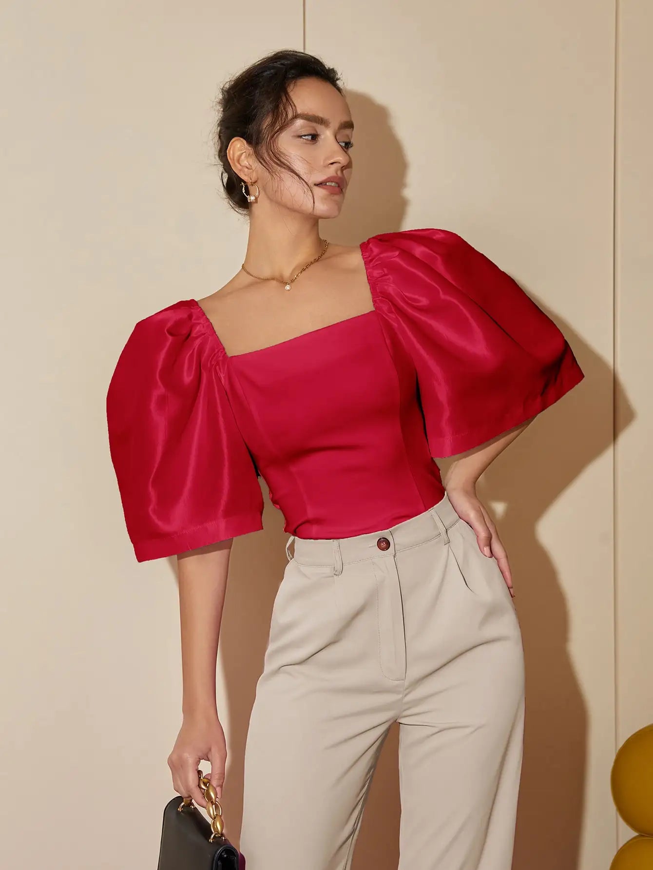 French Style Satin Blouse with Dramatic Sleeves Satin Blouses