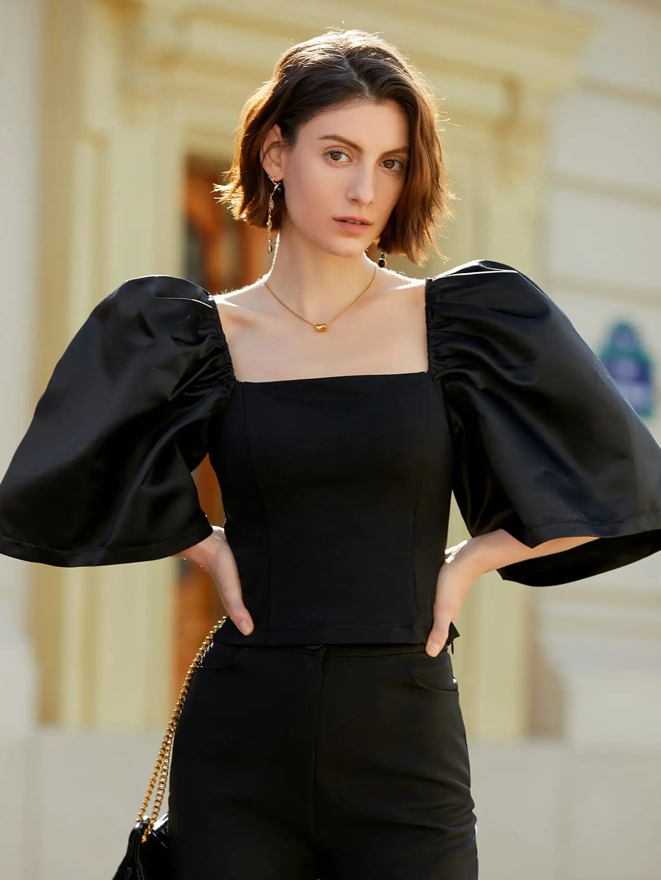 French Style Satin Blouse with Dramatic Sleeves Satin Blouses