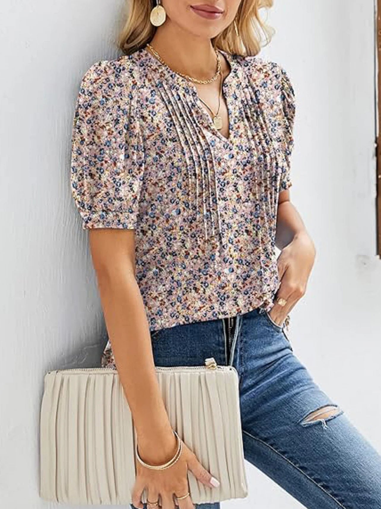 Floral Print Puff Sleeve Blouse for Women Blouses