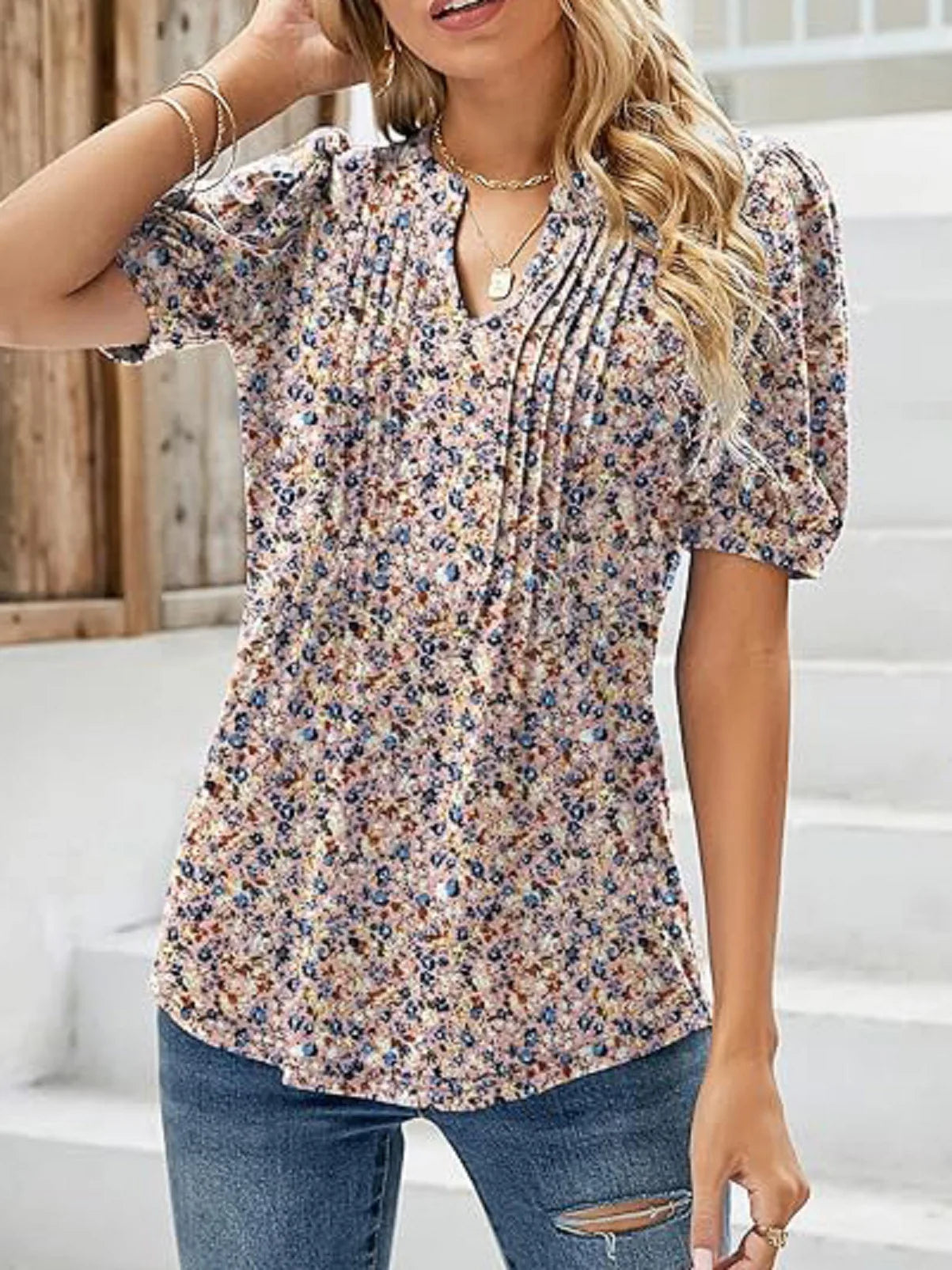 Floral Print Puff Sleeve Blouse for Women Blouses