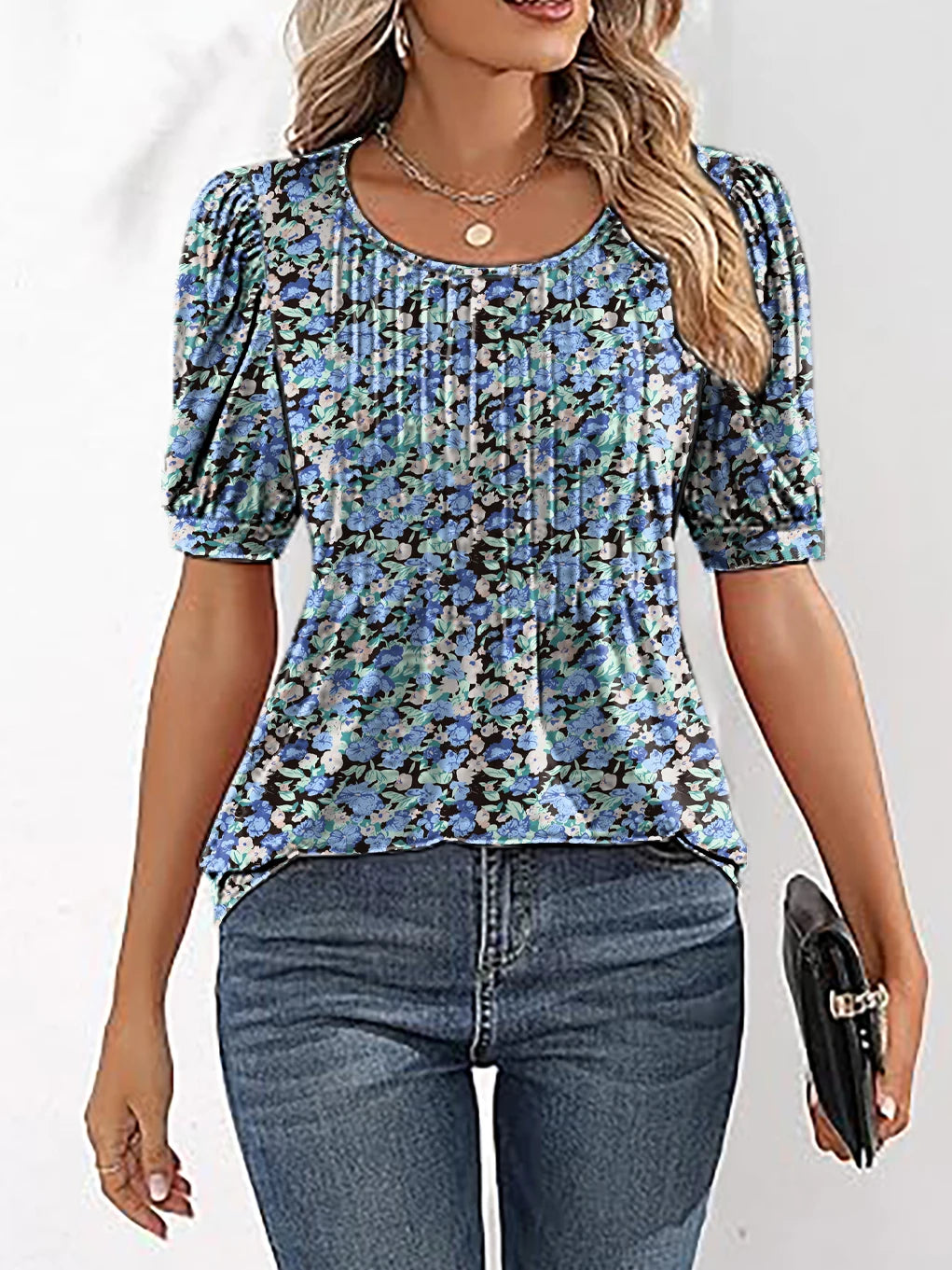 Floral Print Puff Sleeve Blouse for Women Blouses