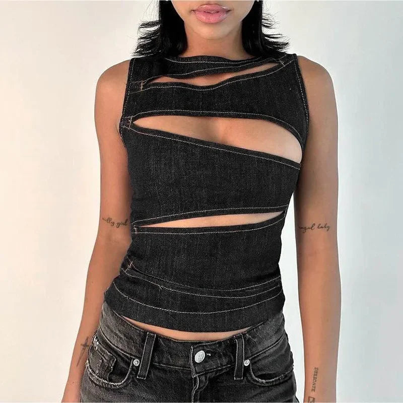 Edgy Denim Top with Unique Cutouts Denim Tops