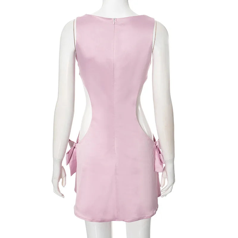 Cutout Bow Satin Mini Dress in Pink Party Dresses