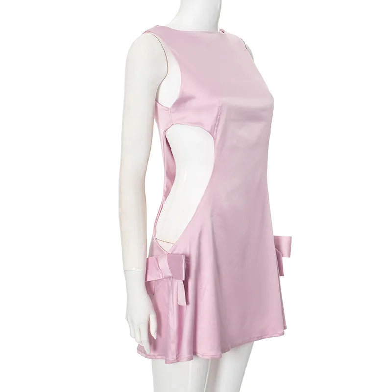 Cutout Bow Satin Mini Dress in Pink Party Dresses