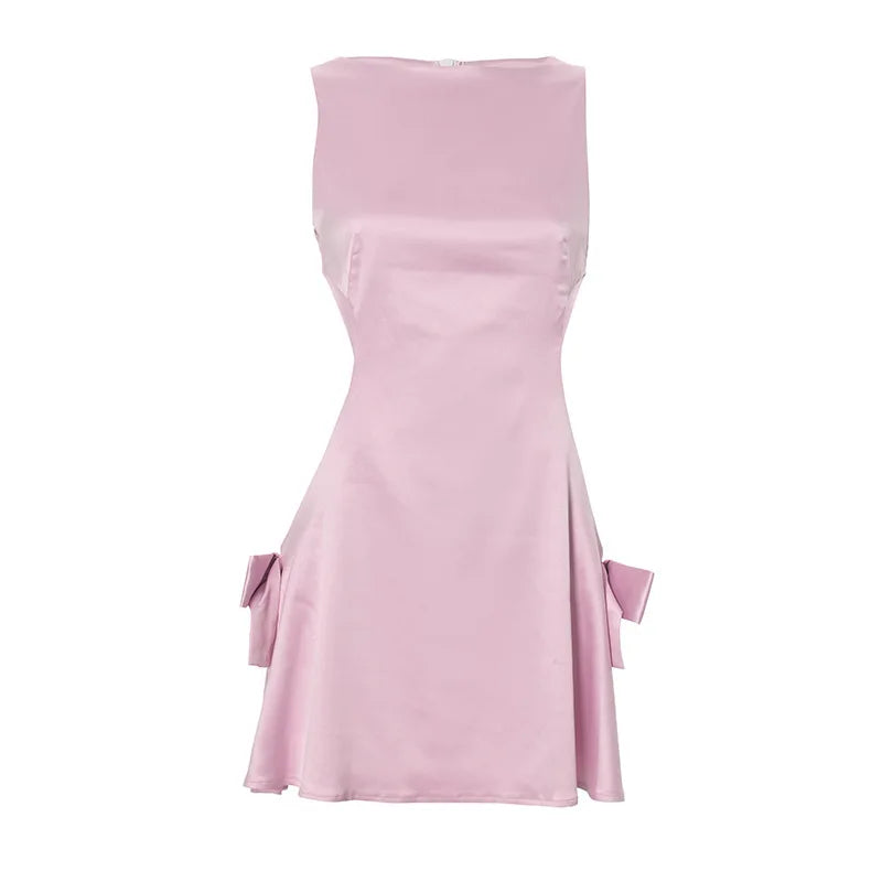 Cutout Bow Satin Mini Dress in Pink Party Dresses