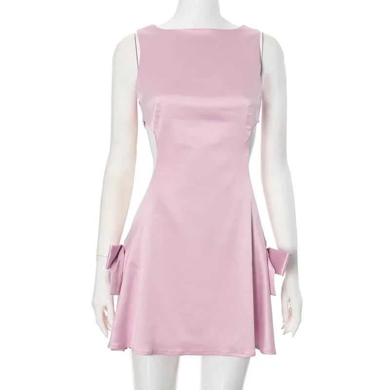 Cutout Bow Satin Mini Dress in Pink Party Dresses