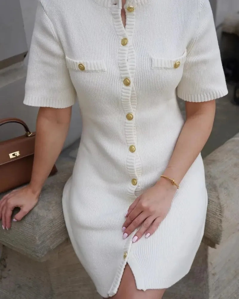 Casual Golden-Buttoned Knit Dress Knit Dresses