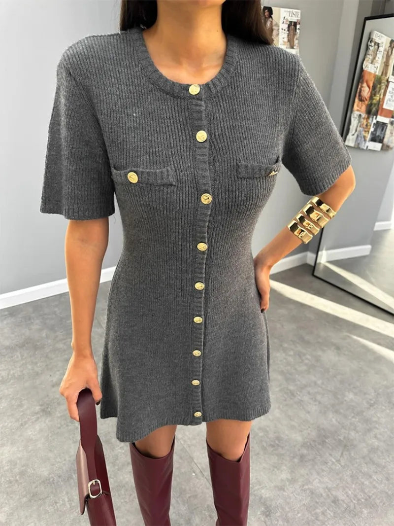 Casual Golden-Buttoned Knit Dress Knit Dresses