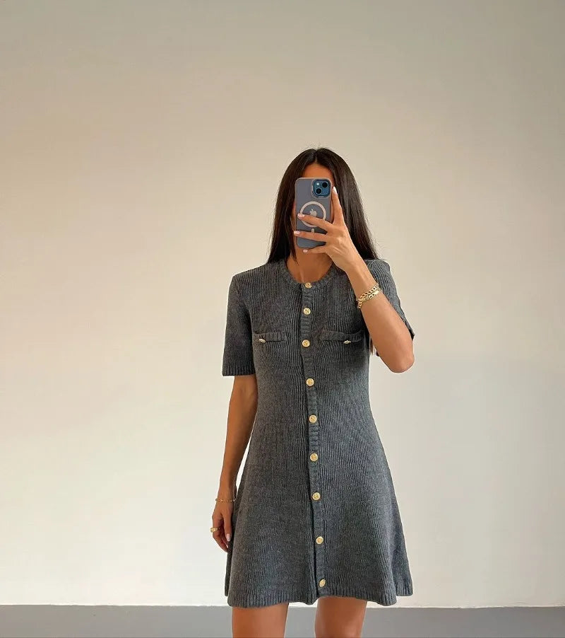 Casual Golden-Buttoned Knit Dress Knit Dresses