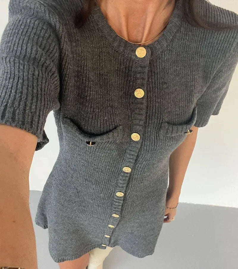 Casual Golden-Buttoned Knit Dress Knit Dresses