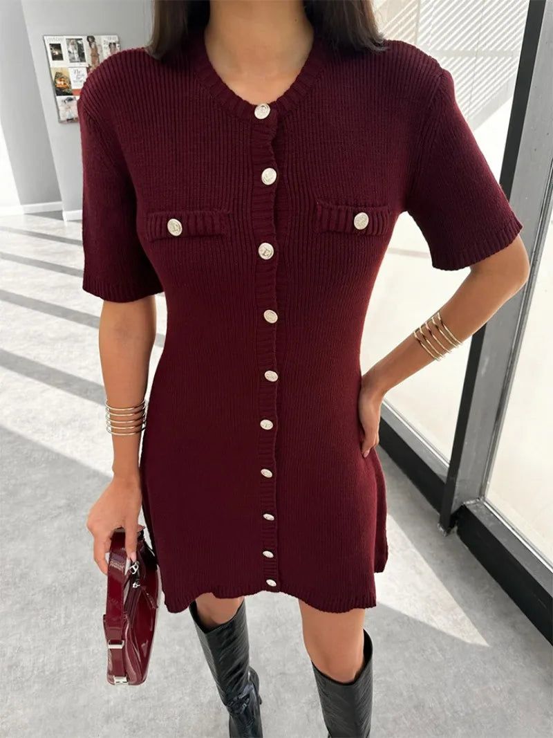 Casual Golden-Buttoned Knit Dress Knit Dresses