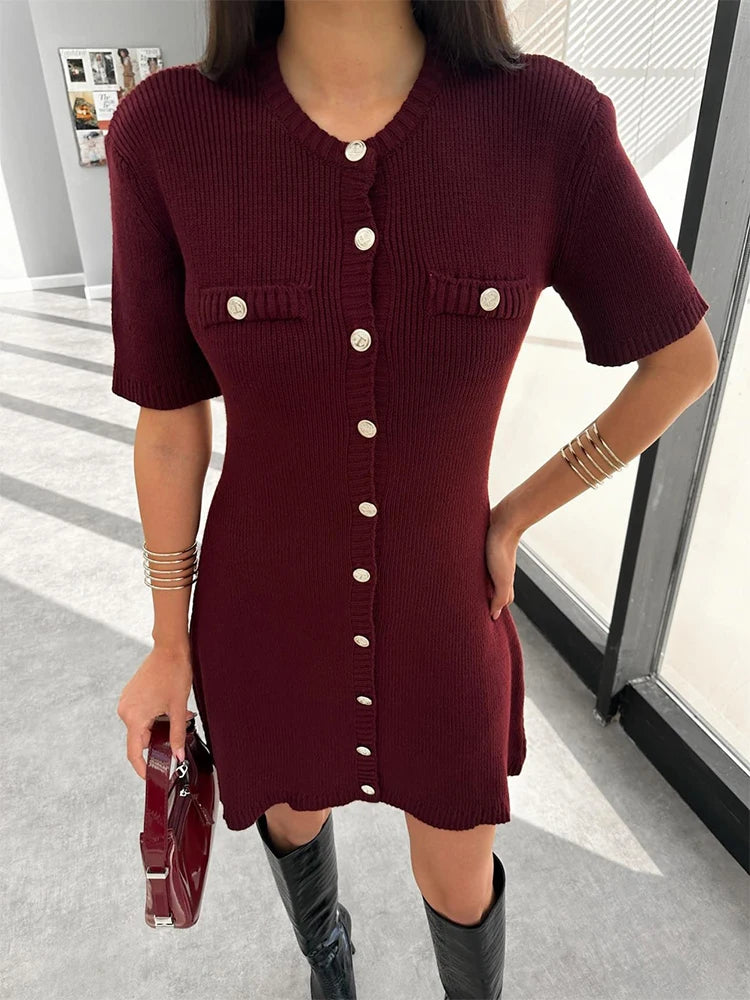 Casual Golden-Buttoned Knit Dress Knit Dresses