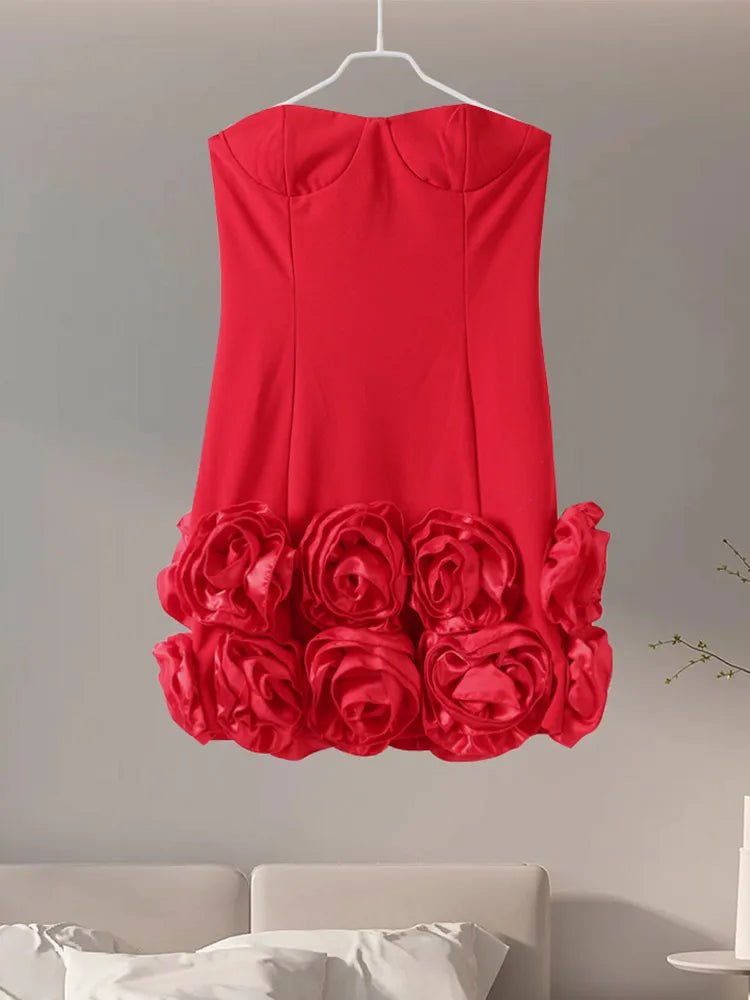 Red Lace-Up Mini Dress with Floral Appliques	