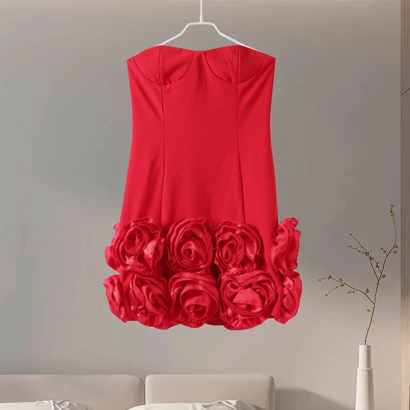 Strapless Red Dress with Elegant Rosette Hem Party Dresses