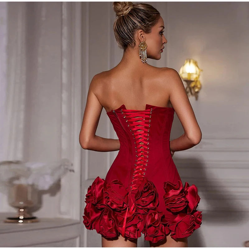 Strapless Red Dress with Elegant Rosette Hem Party Dresses