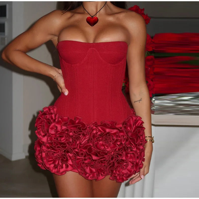 Strapless Red Dress with Elegant Rosette Hem Party Dresses