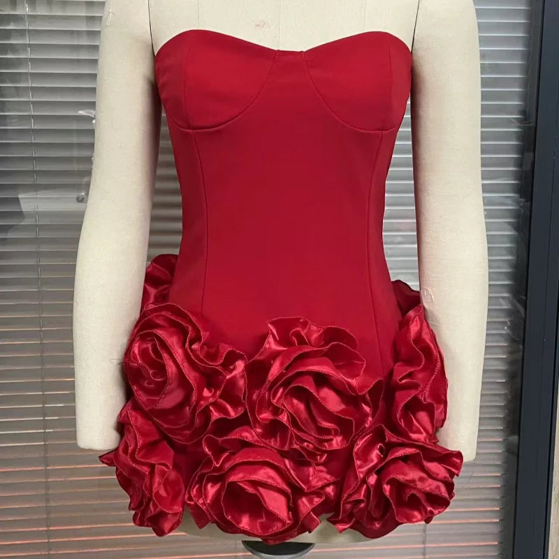 Strapless Red Dress with Elegant Rosette Hem Party Dresses