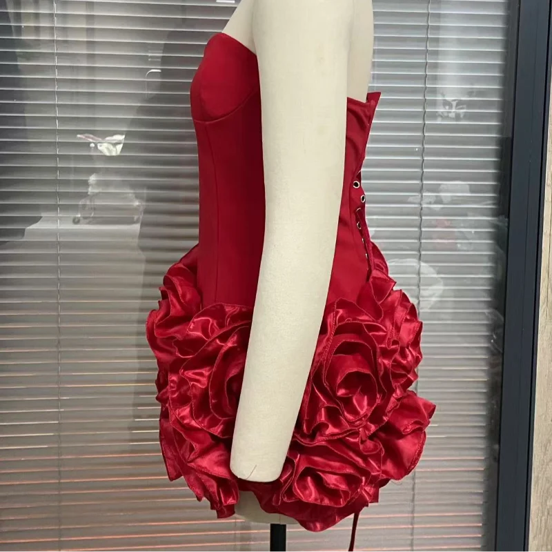 Strapless Red Dress with Elegant Rosette Hem Party Dresses