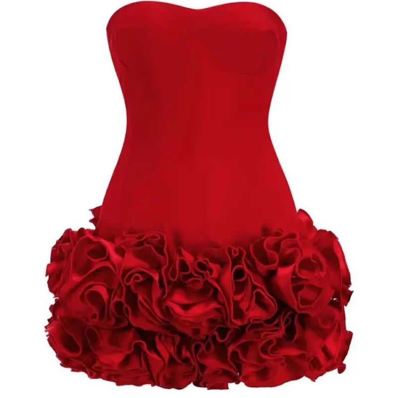 Strapless Red Dress with Elegant Rosette Hem Party Dresses