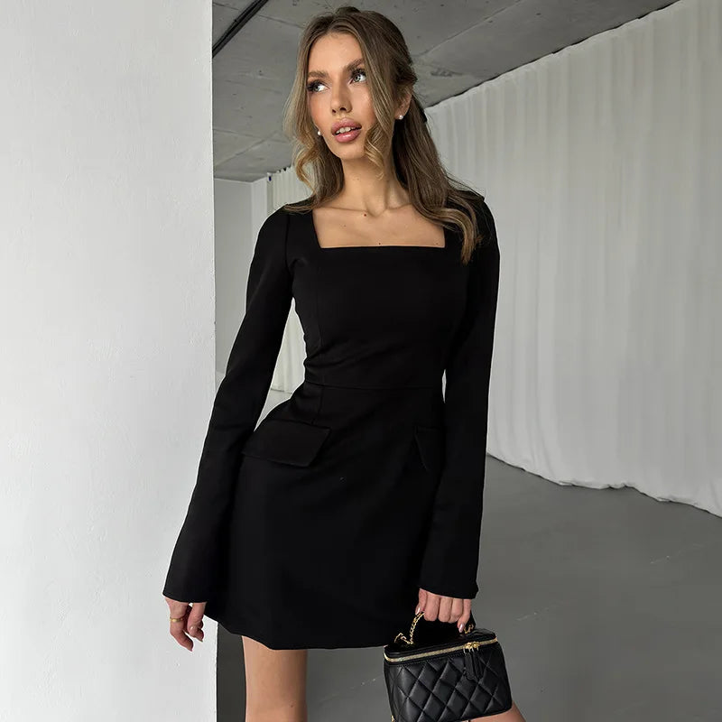 Solid Long Sleeve Mini Dress with Lace-Up Back Mini Dresses