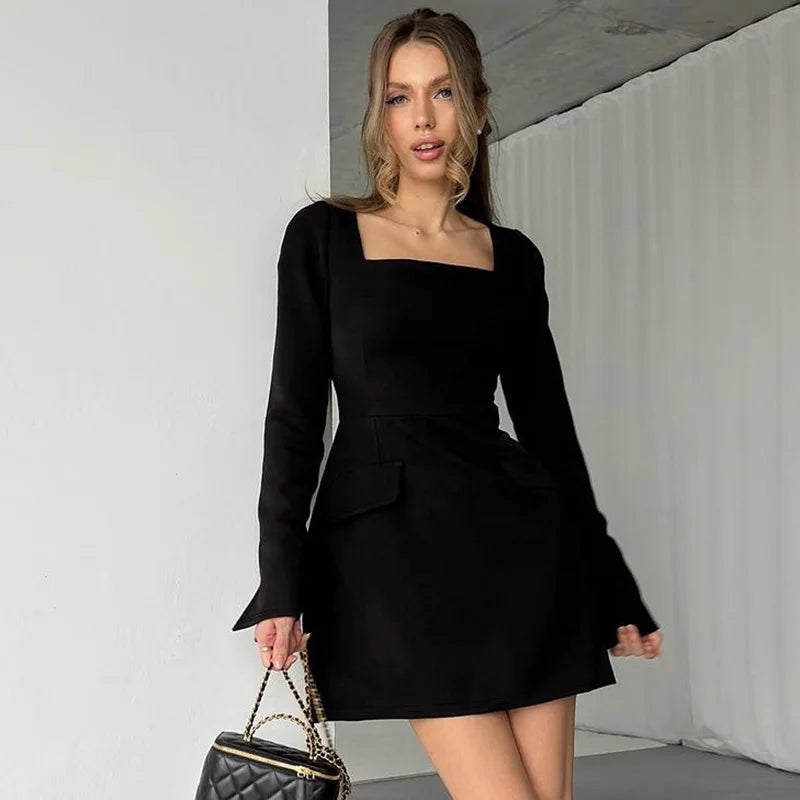 Solid Long Sleeve Mini Dress with Lace-Up Back Mini Dresses