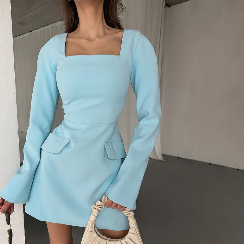 Solid Long Sleeve Mini Dress with Lace-Up Back Mini Dresses