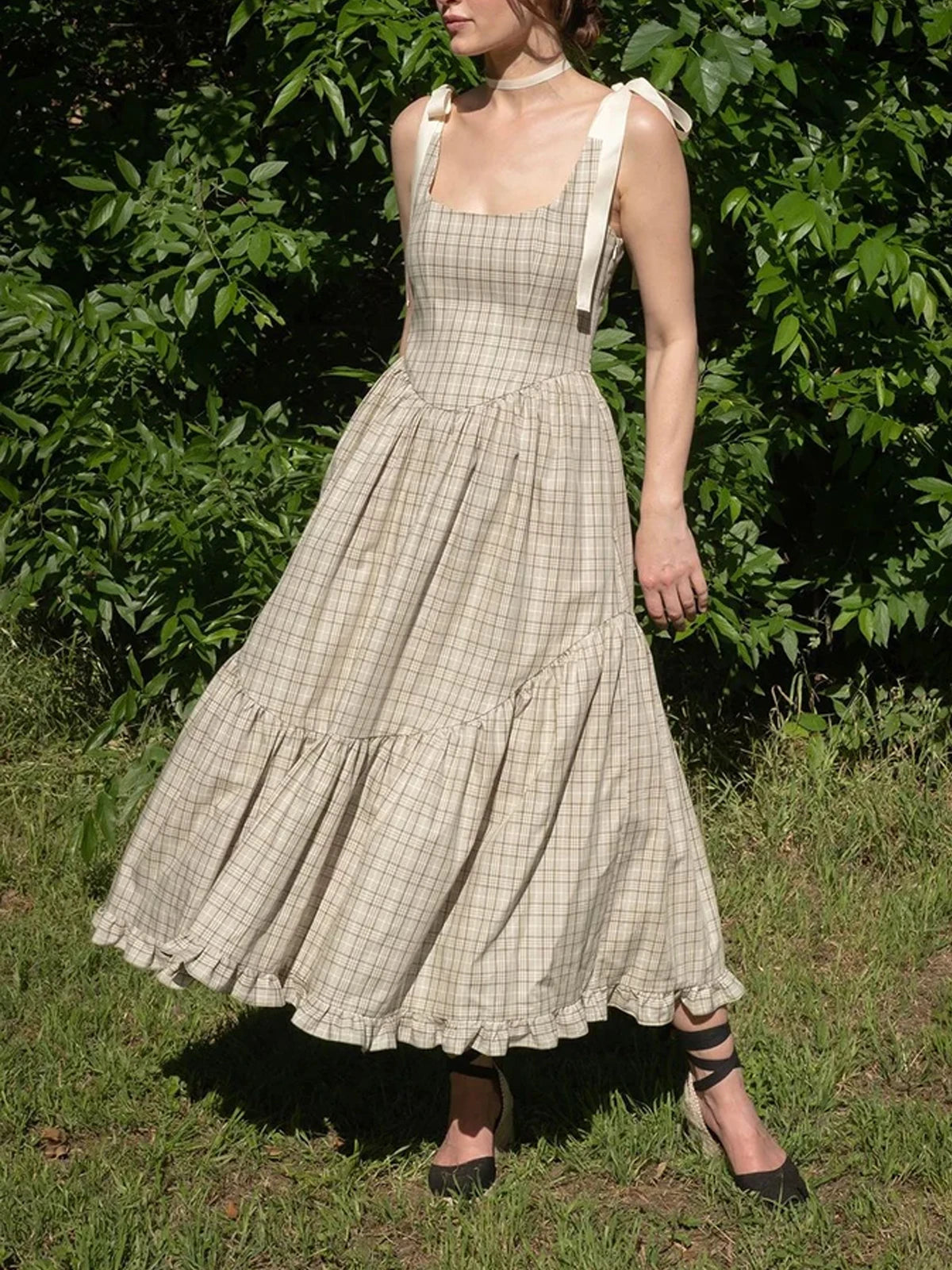 Garden Plaid Midi Dress with Tie Shoulders Midi Dresses