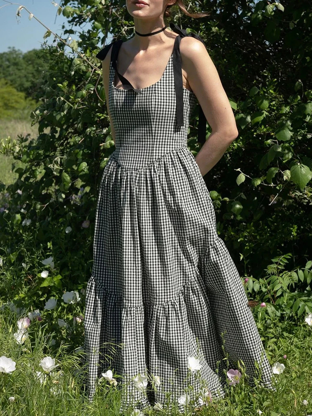 Garden Plaid Midi Dress with Tie Shoulders Midi Dresses