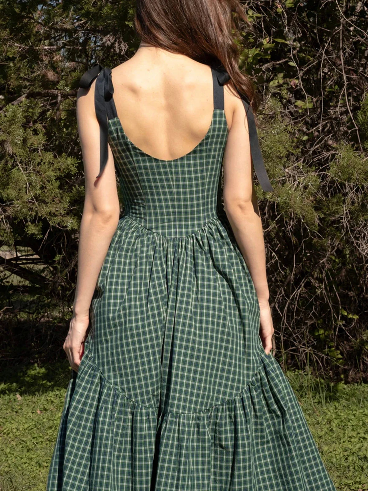 Garden Plaid Midi Dress with Tie Shoulders Midi Dresses