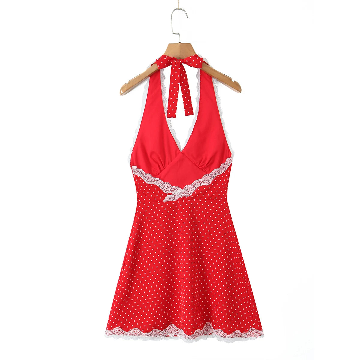 Polka Dot Backless Halter Dress with Lace Trim Mini Dresses