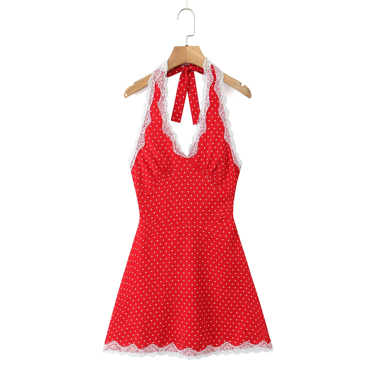 Polka Dot Backless Halter Dress with Lace Trim Mini Dresses