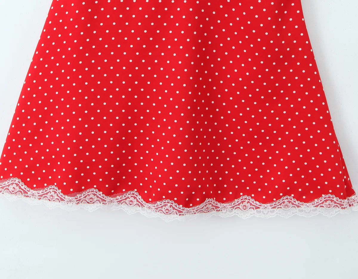 Polka Dot Backless Halter Dress with Lace Trim Mini Dresses