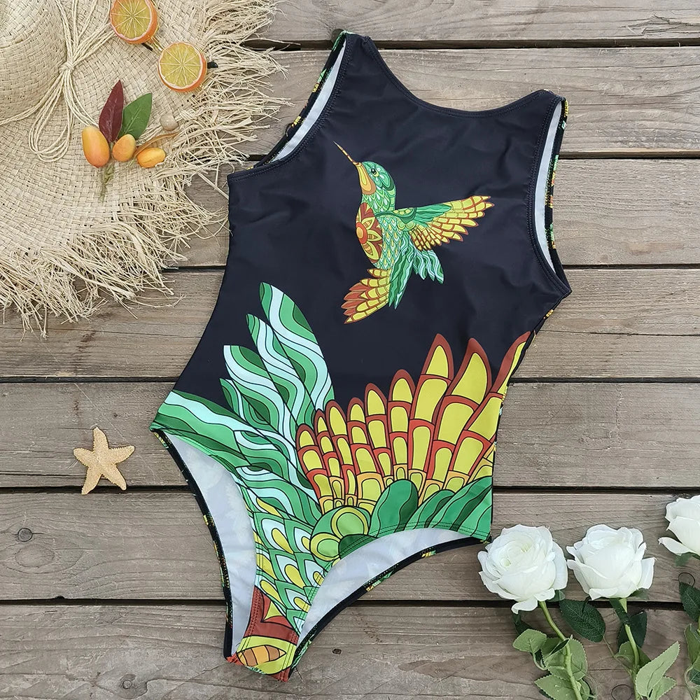 Exotic Bird Pattern One Piece Swimsuit for Women Swimsuits