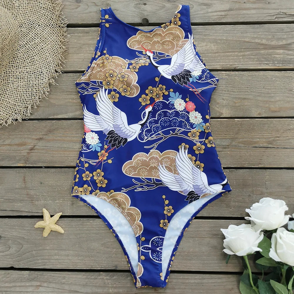 Exotic Bird Pattern One Piece Swimsuit for Women Swimsuits