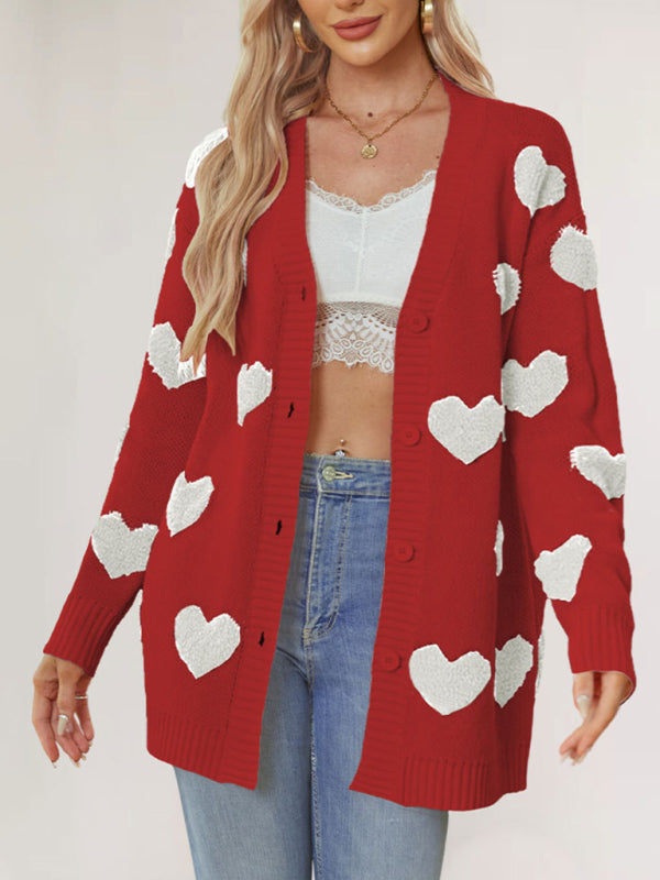 Oversized Heart Applique V-Neck Sweater for Valentine’s Day	