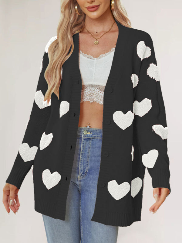 Casual Valentine's Day Heart Patterned Sweater Cardigans